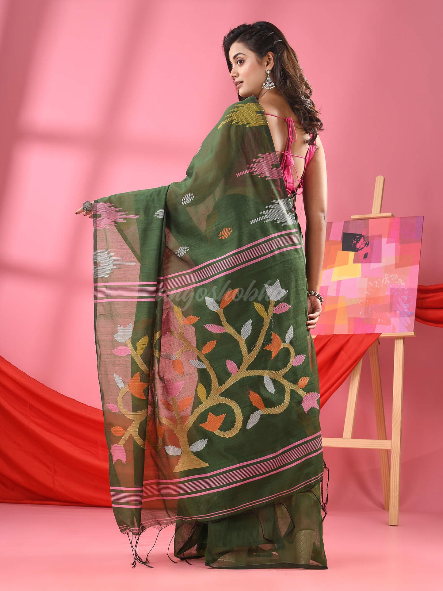 Deep Green Cotton Blend Jamdani Saree