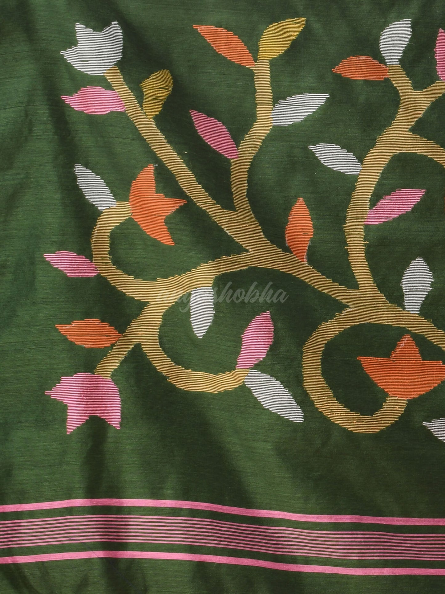 Deep Green Cotton Blend Jamdani Saree