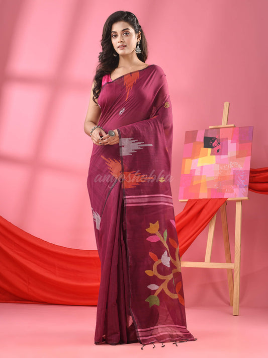 Magenta Cotton Blend Jamdani Saree