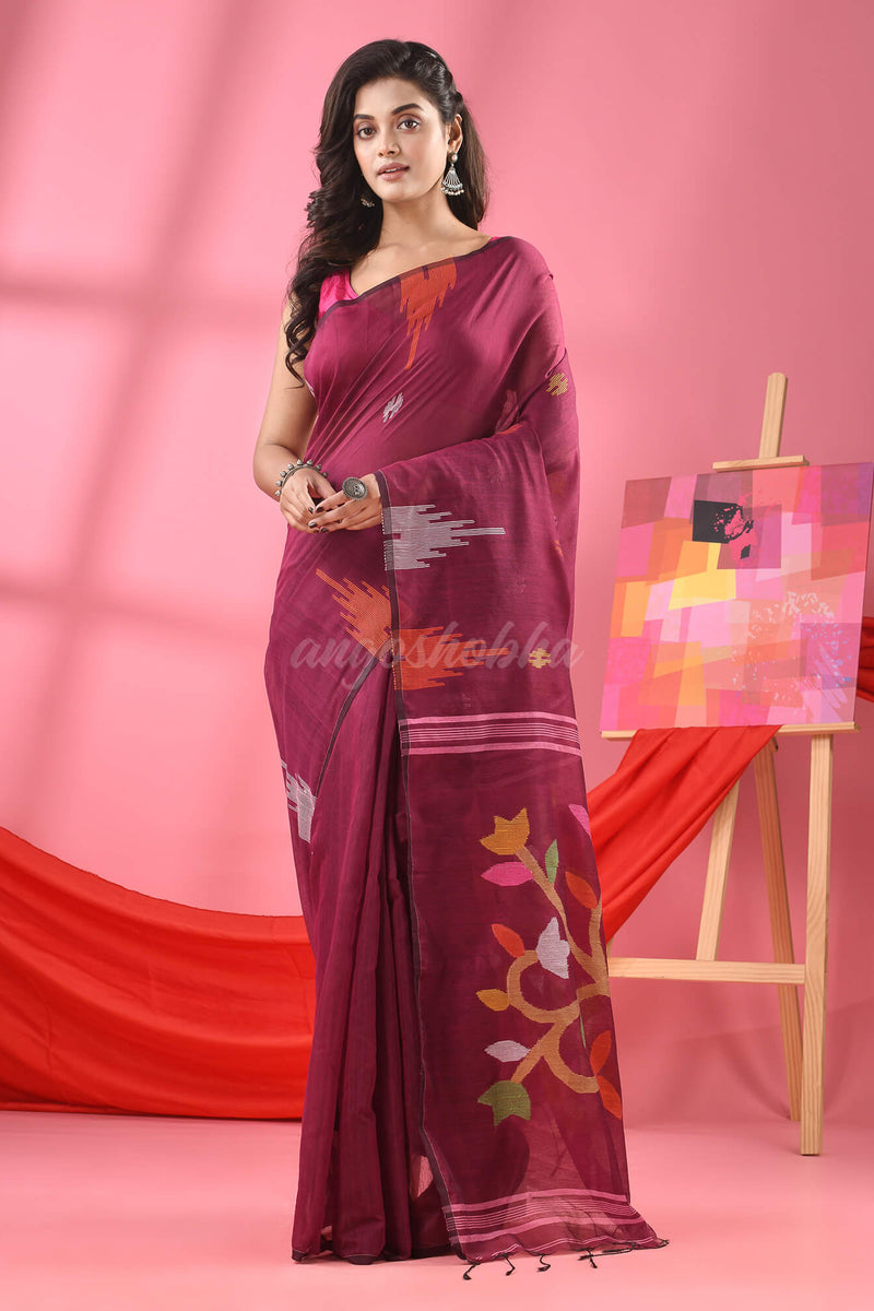 Magenta Cotton Blend Jamdani Saree