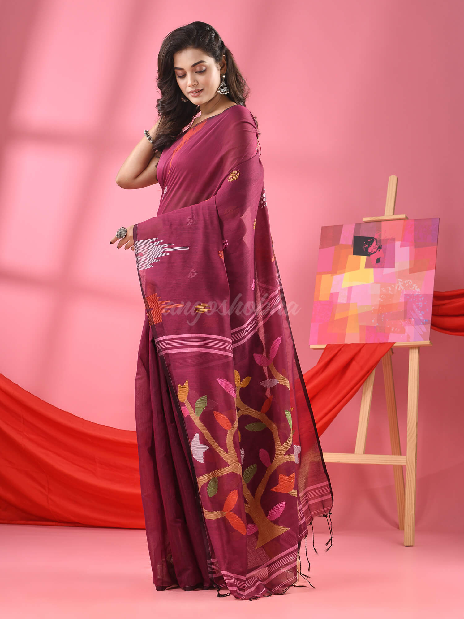 Magenta Cotton Blend Jamdani Saree