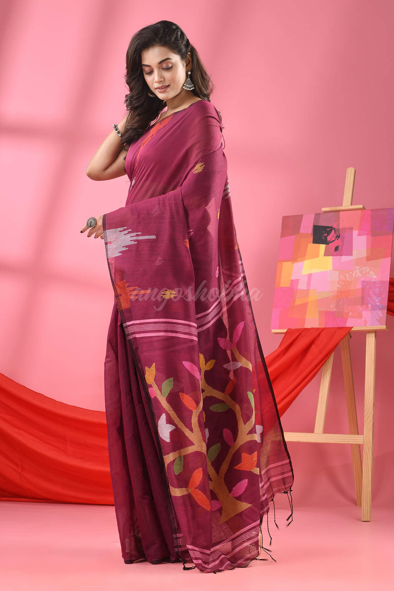Magenta Cotton Blend Jamdani Saree