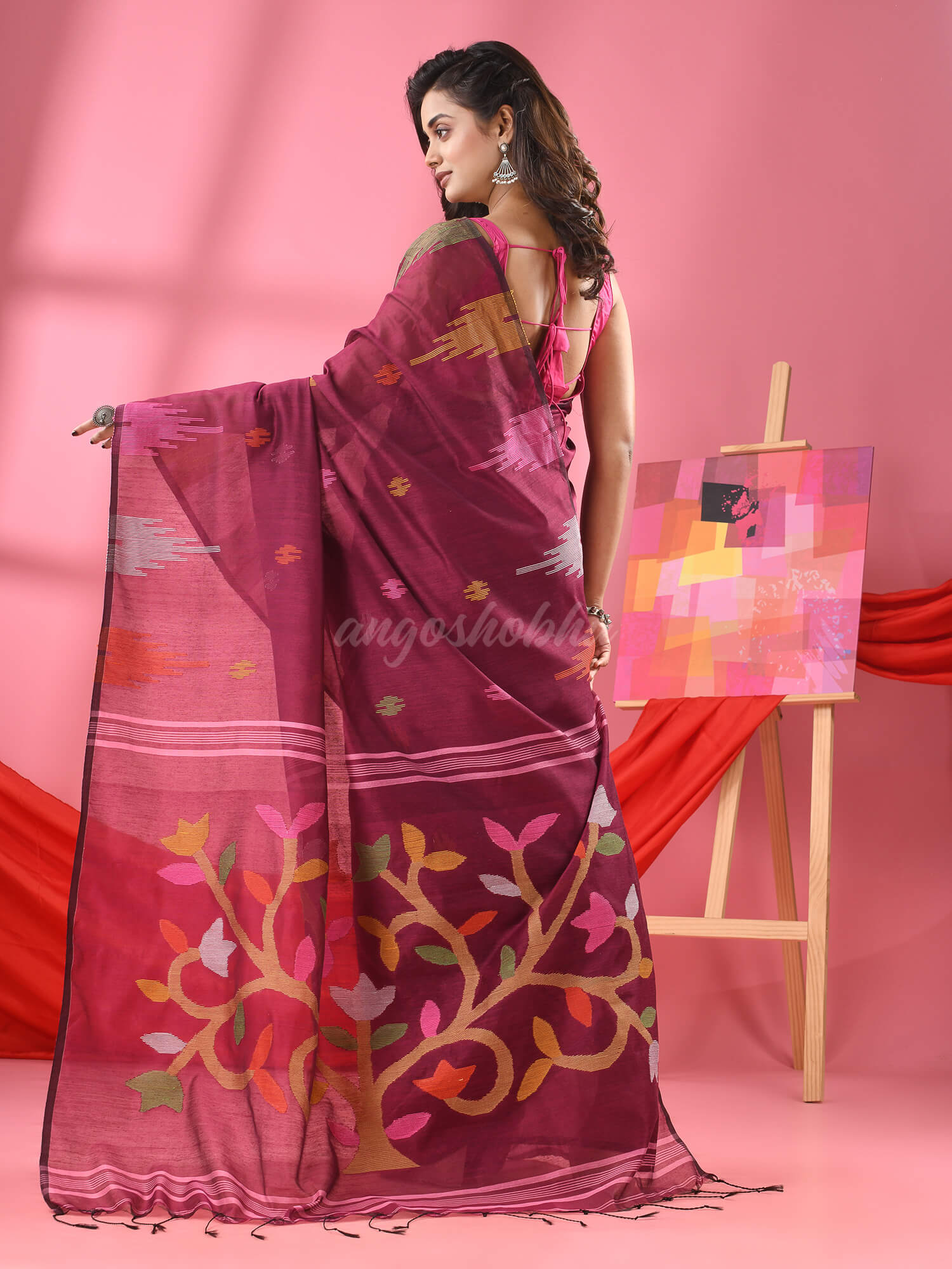 Magenta Cotton Blend Jamdani Saree