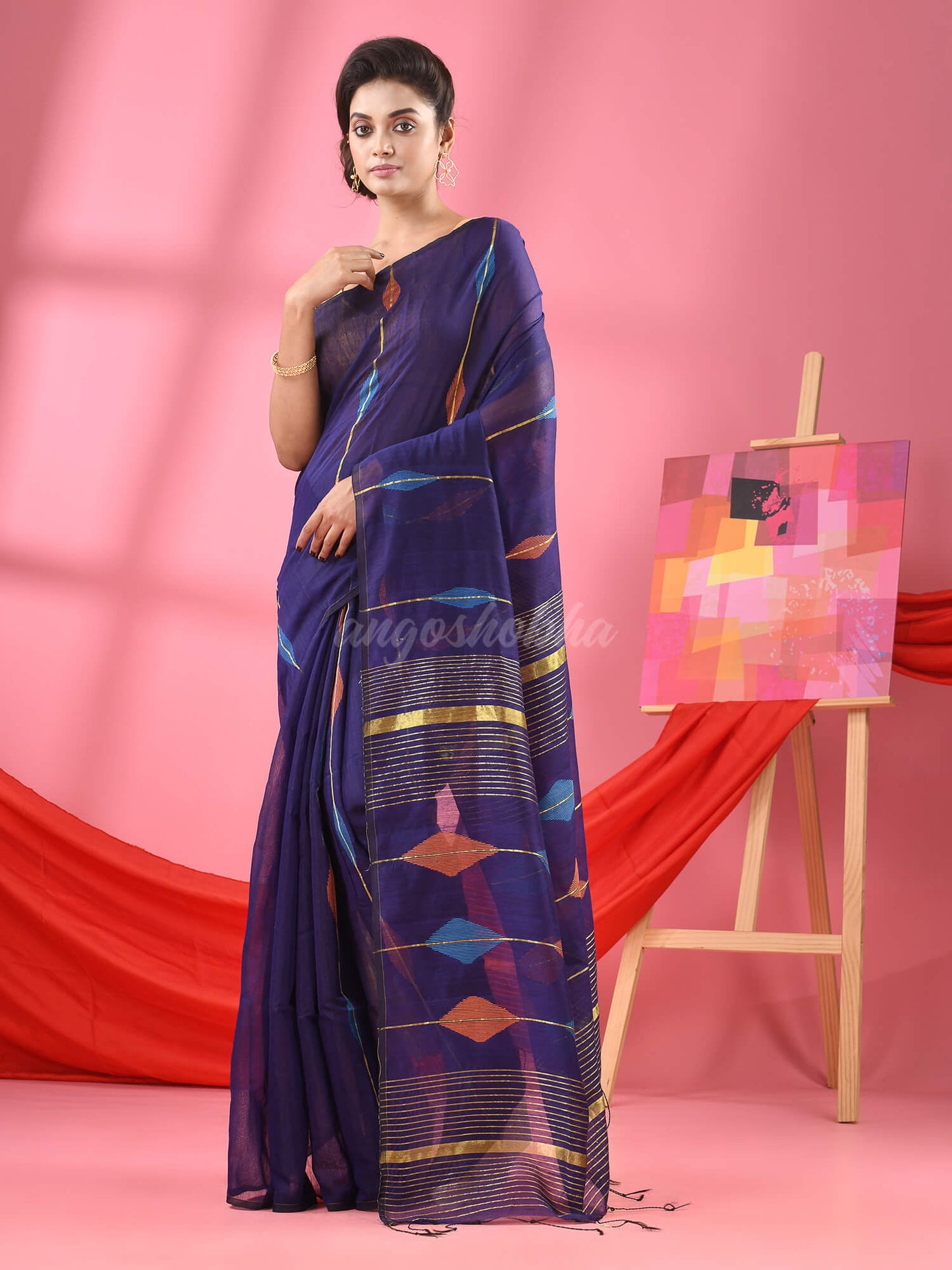 Navy Blue Cotton Blend Handloom Saree