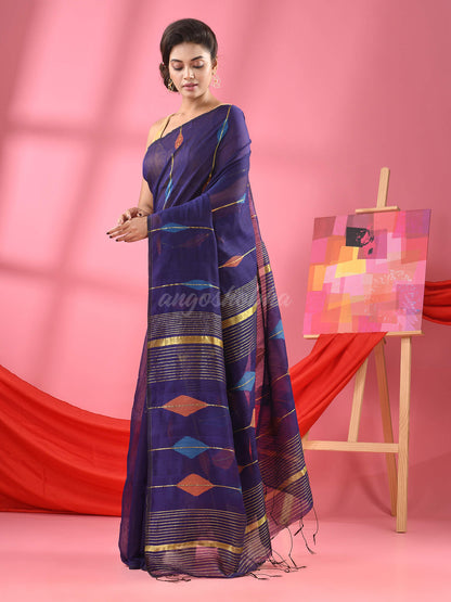 Navy Blue Cotton Blend Handloom Saree