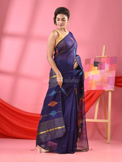 Navy Blue Cotton Blend Handloom Saree