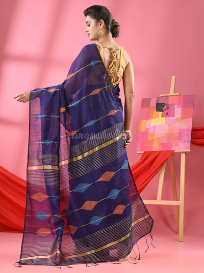 Navy Blue Cotton Blend Handloom Saree