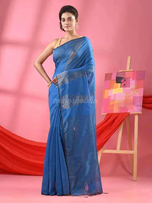 Turquoise Cotton Blend Handloom Saree