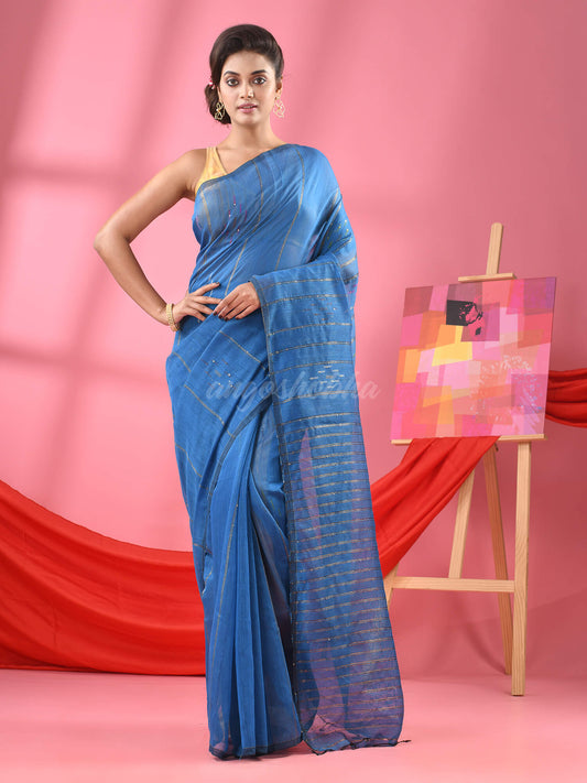 Turquoise Cotton Blend Sequence Handloom Saree