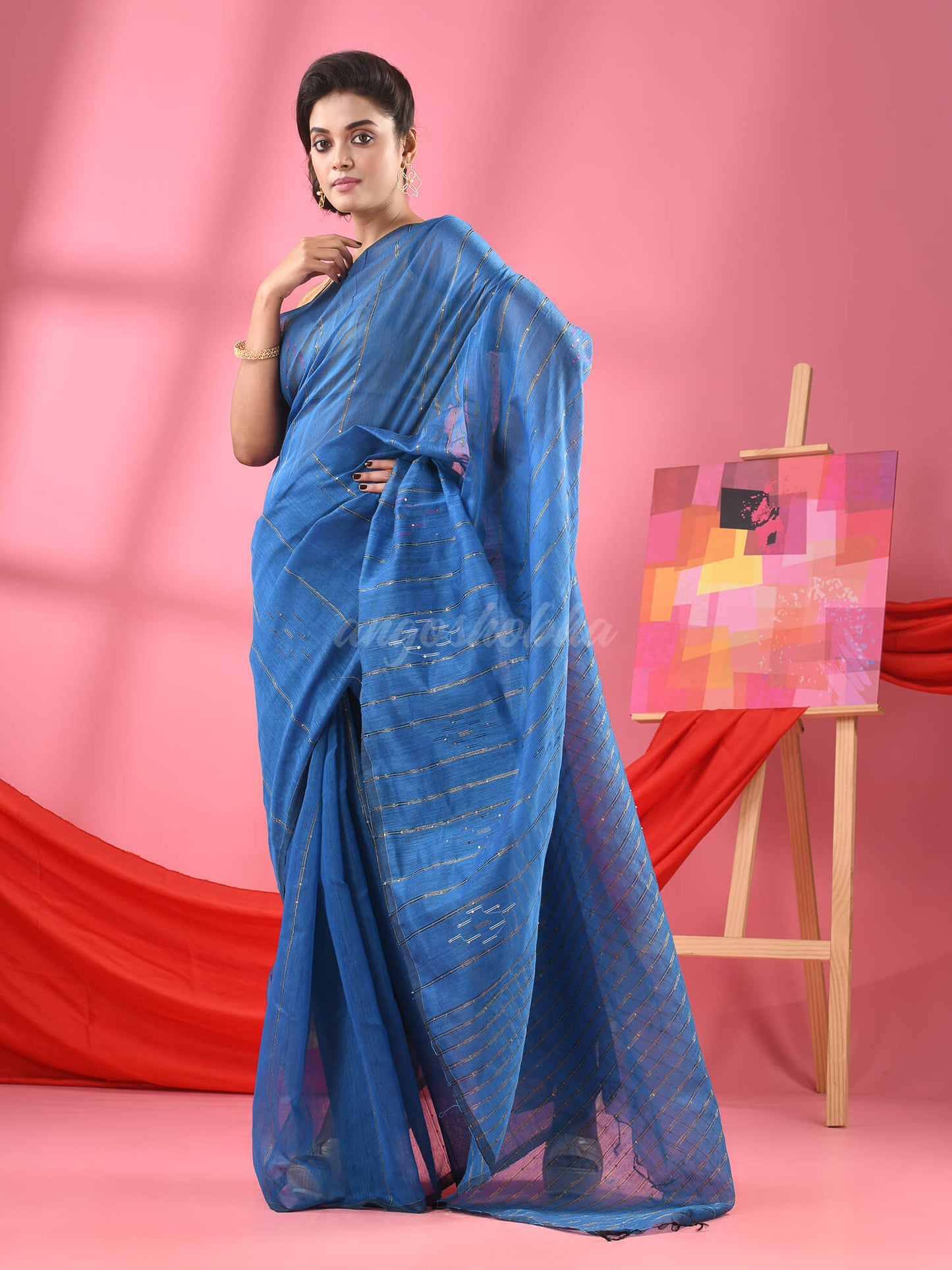 Turquoise Cotton Blend Sequence Handloom Saree