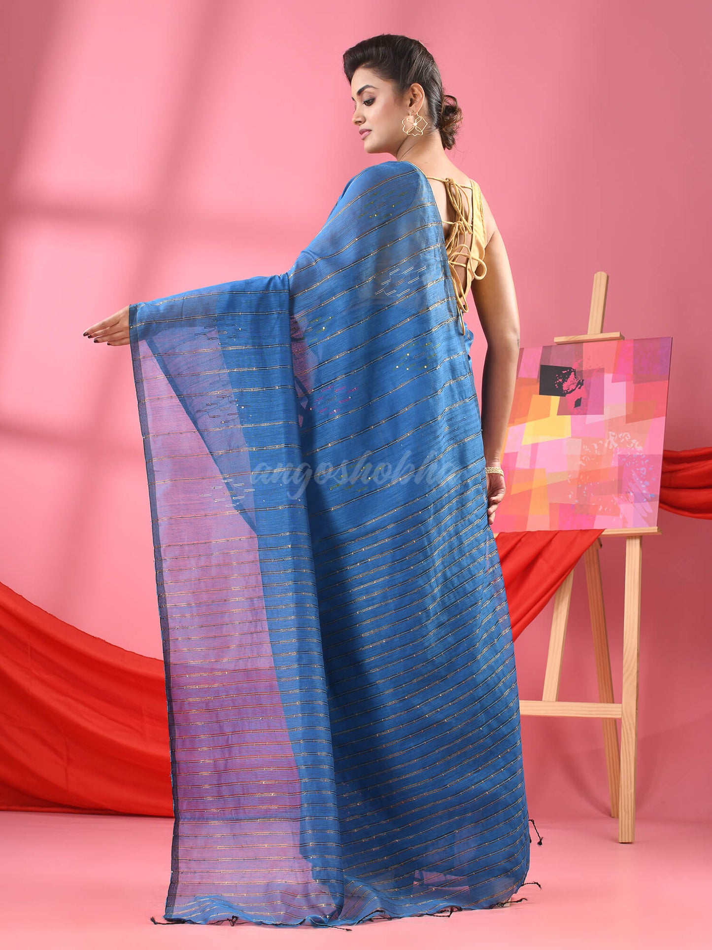 Turquoise Cotton Blend Sequence Handloom Saree