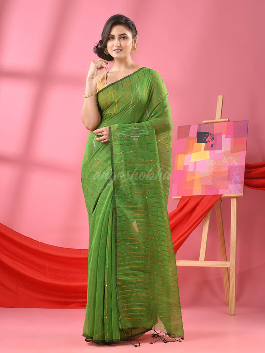 Light Green Cotton Blend Sequence Handloom Saree