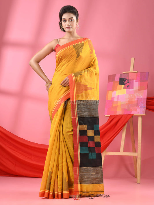 Sunglo Yellow Cotton Blend Handloom Saree