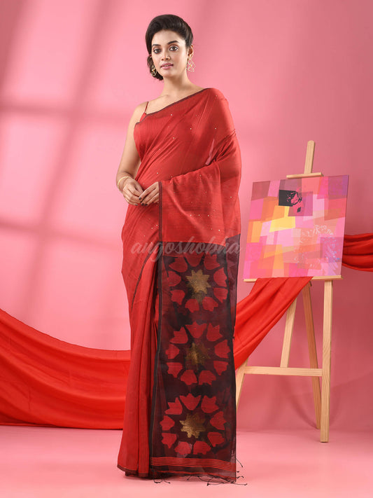 Red Cotton Blend Handloom Jamdani Saree