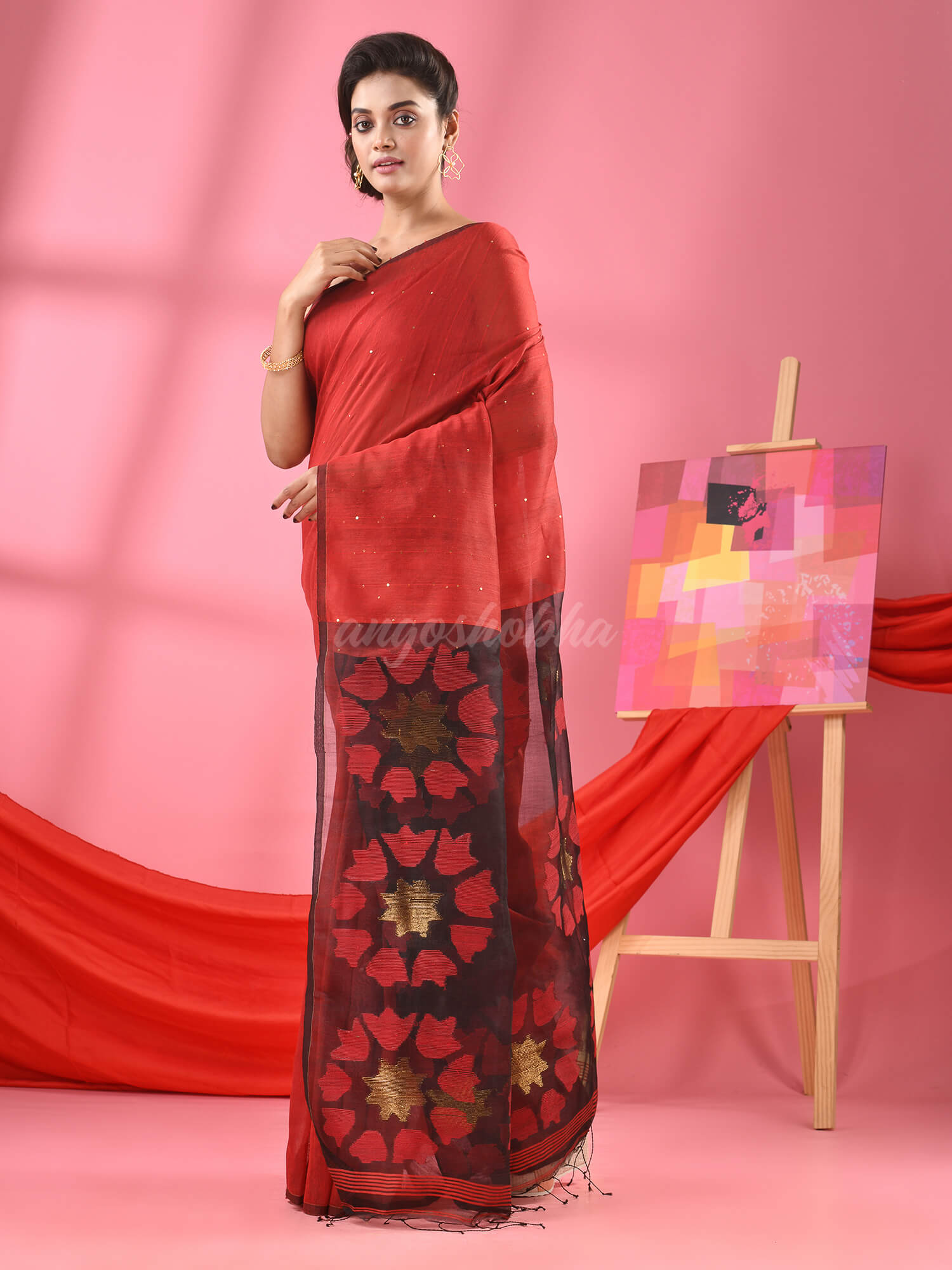 Red Cotton Blend Handloom Jamdani Saree