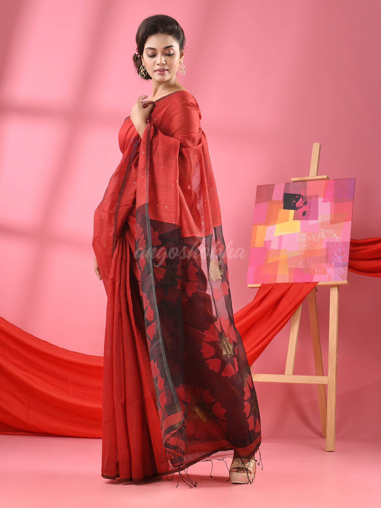 Red Cotton Blend Handloom Jamdani Saree