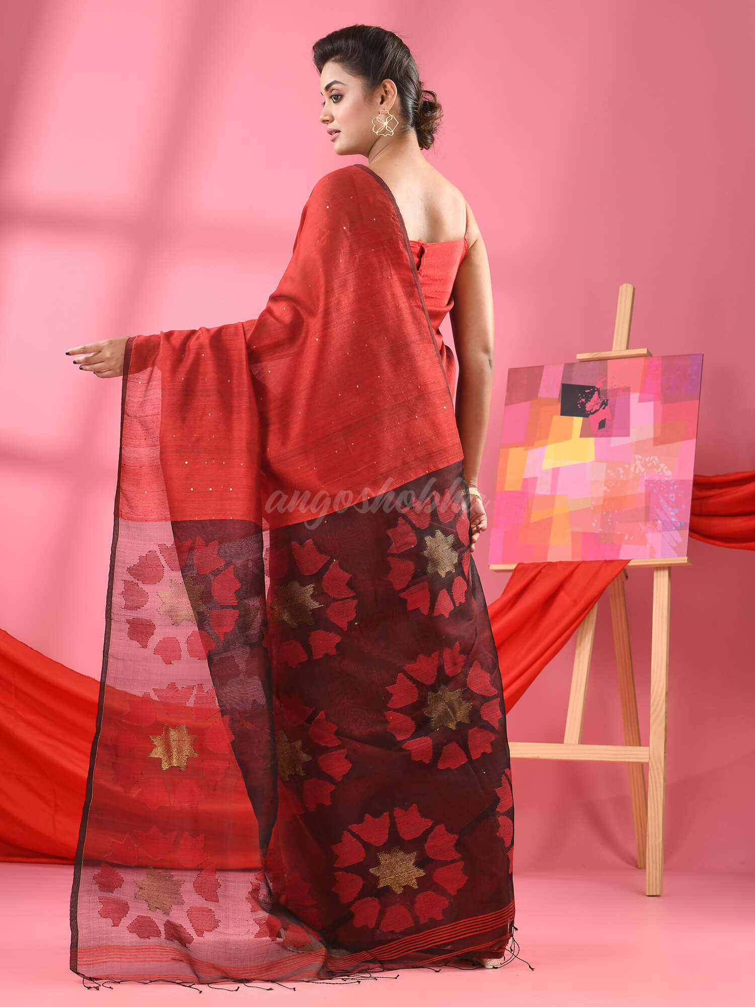 Red Cotton Blend Handloom Jamdani Saree