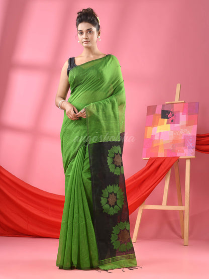 Green Cotton Blend Handloom Jamdani Saree