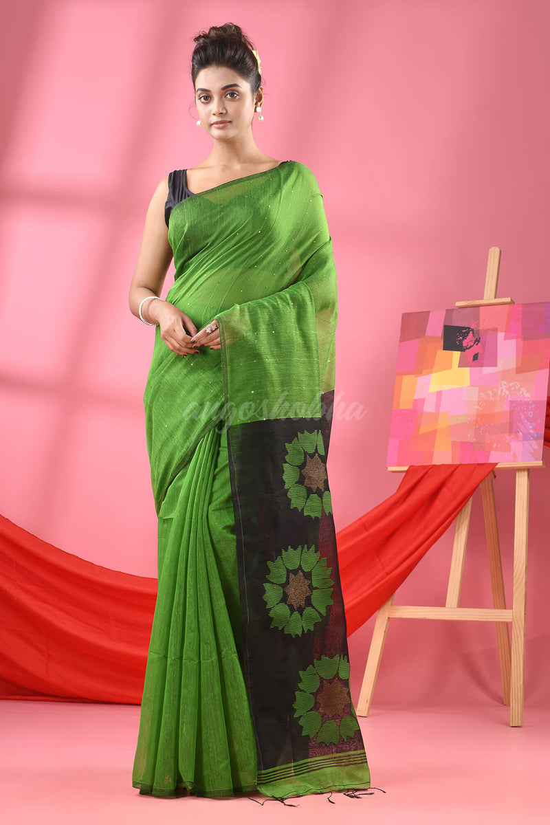 Green Cotton Blend Handloom Jamdani Saree