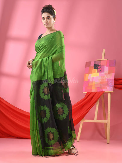 Green Cotton Blend Handloom Jamdani Saree