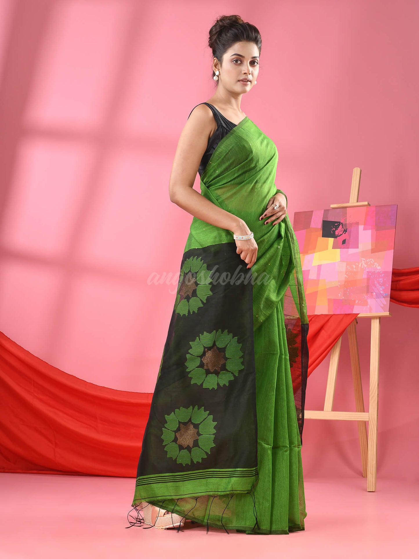 Green Cotton Blend Handloom Jamdani Saree