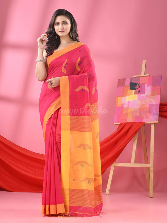 Hot Pink Cotton Blend Boat Motive Handloom Saree