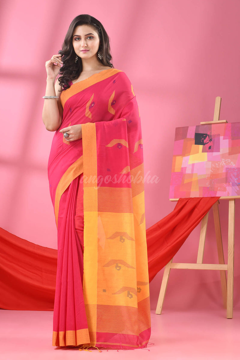 Hot Pink Cotton Blend Boat Motive Handloom Saree