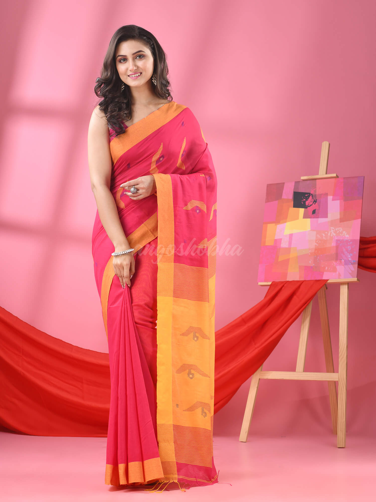 Hot Pink Cotton Blend Boat Motive Handloom Saree
