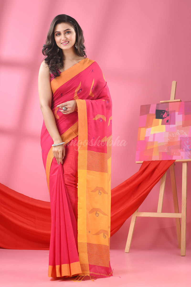 Hot Pink Cotton Blend Boat Motive Handloom Saree