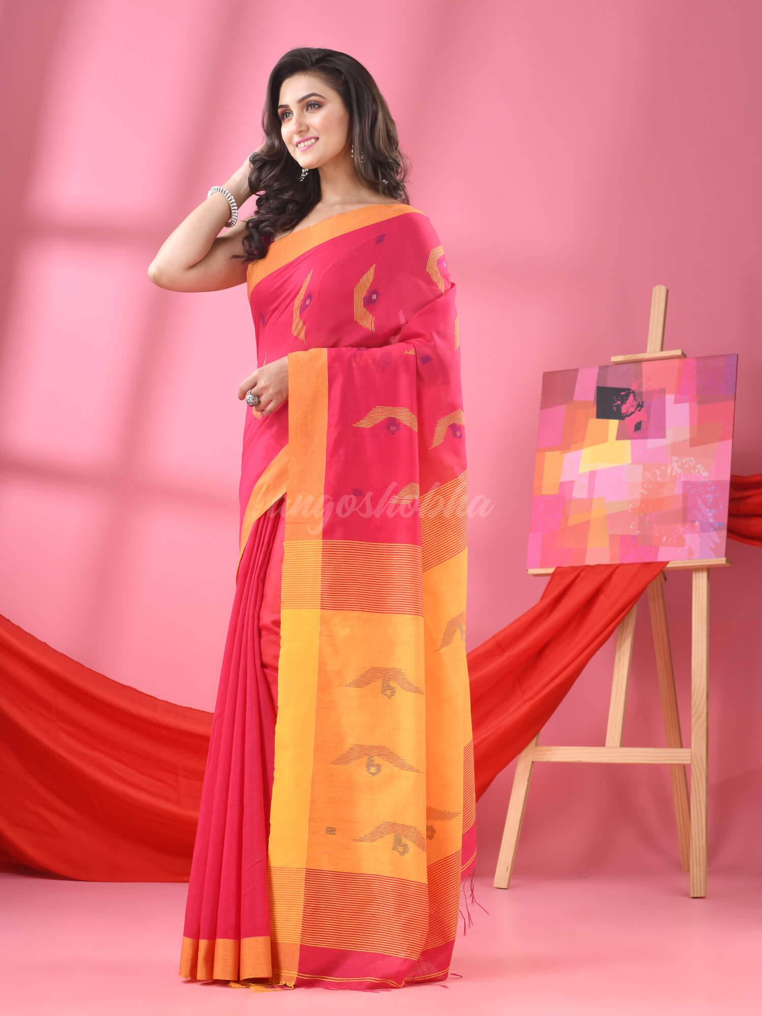 Hot Pink Cotton Blend Boat Motive Handloom Saree