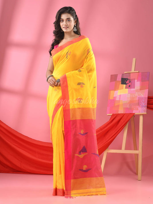 Light Yellow Cotton Blend Boat Motive Handloom Saree