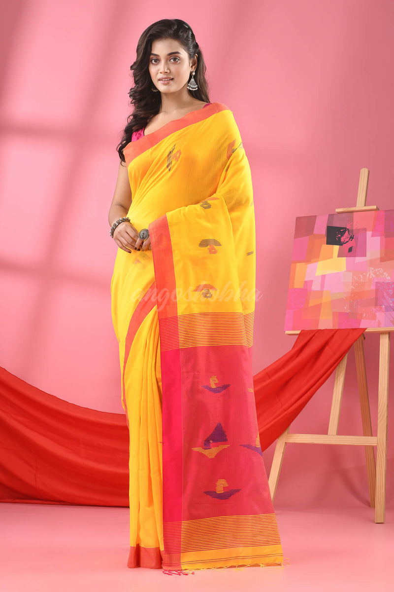 Light Yellow Cotton Blend Boat Motive Handloom Saree