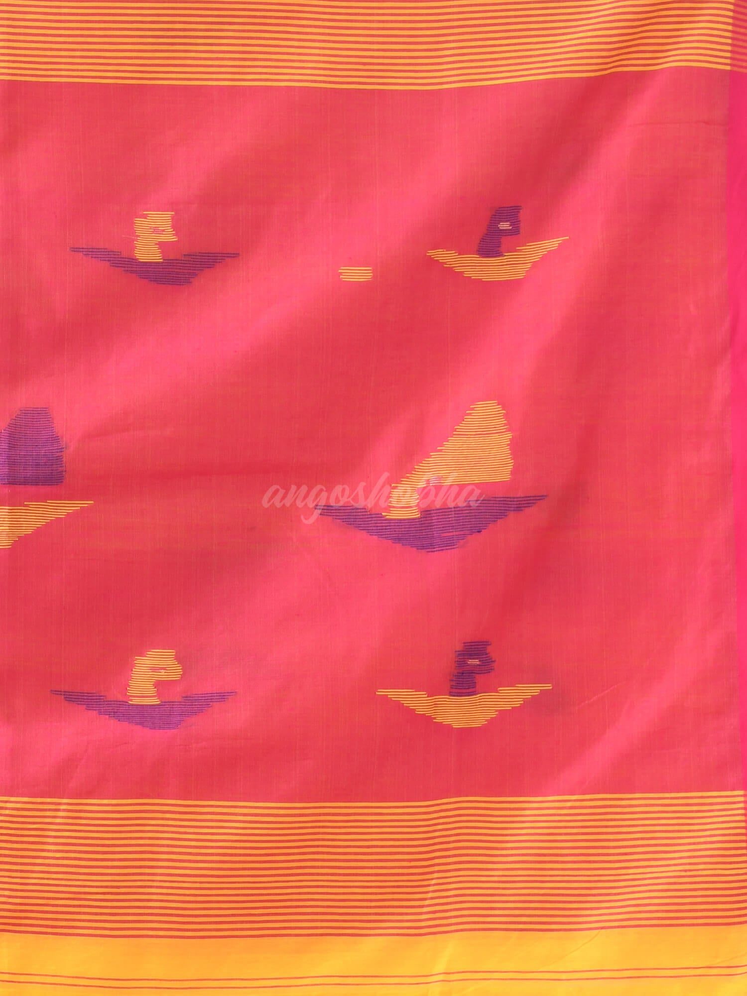 Light Yellow Cotton Blend Boat Motive Handloom Saree