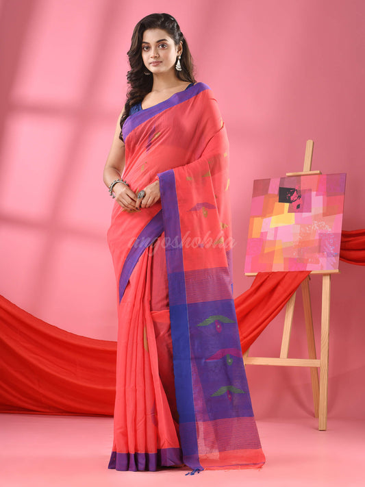 Georgia Peach Cotton Blend Boat Motive Handloom Saree