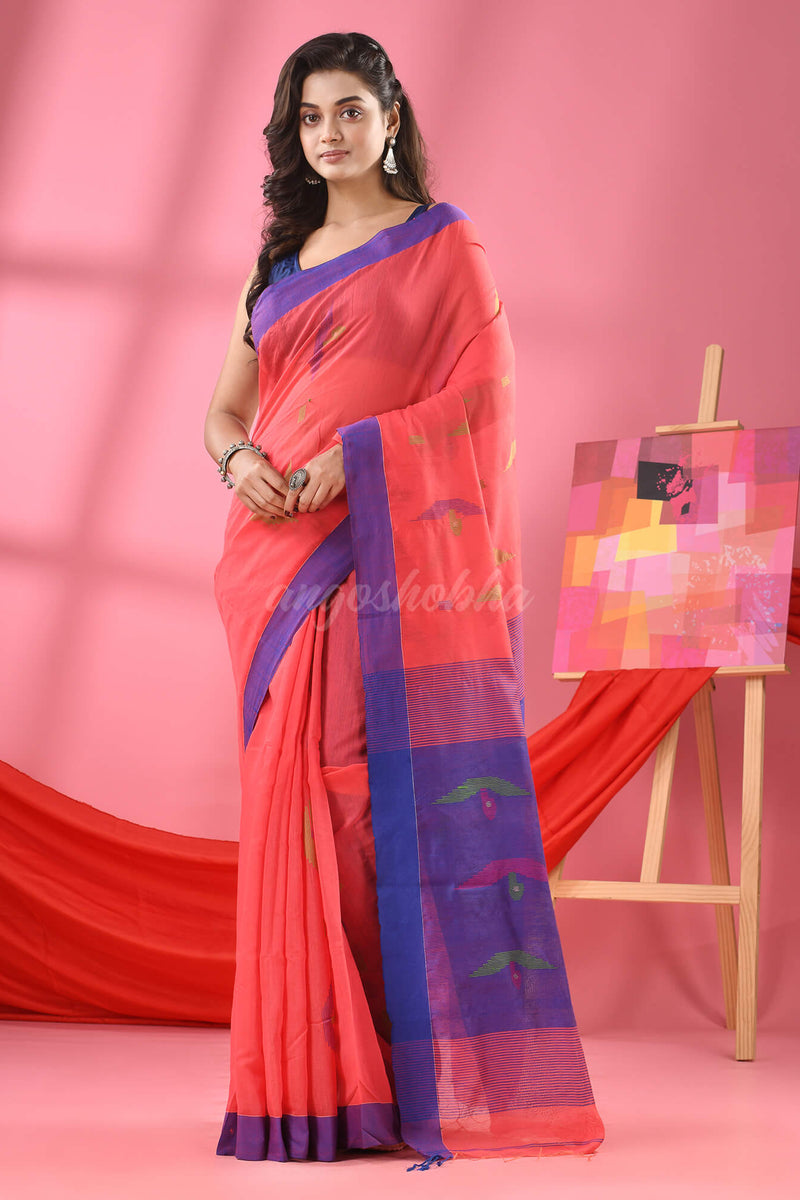 Georgia Peach Cotton Blend Boat Motive Handloom Saree