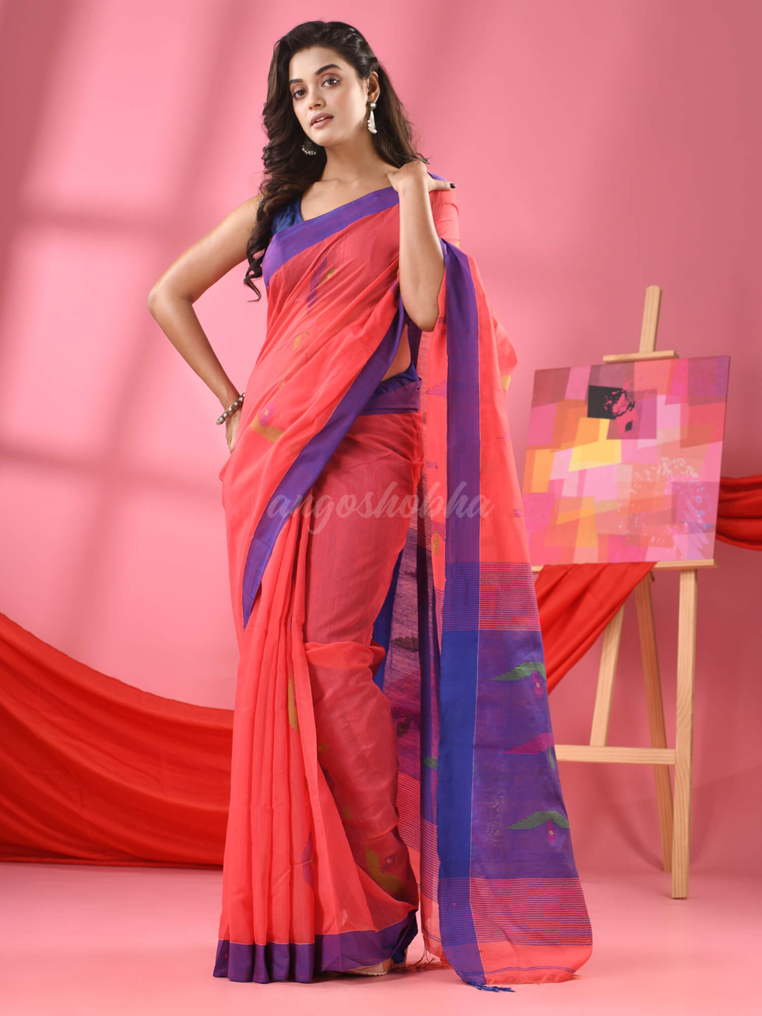 Georgia Peach Cotton Blend Boat Motive Handloom Saree