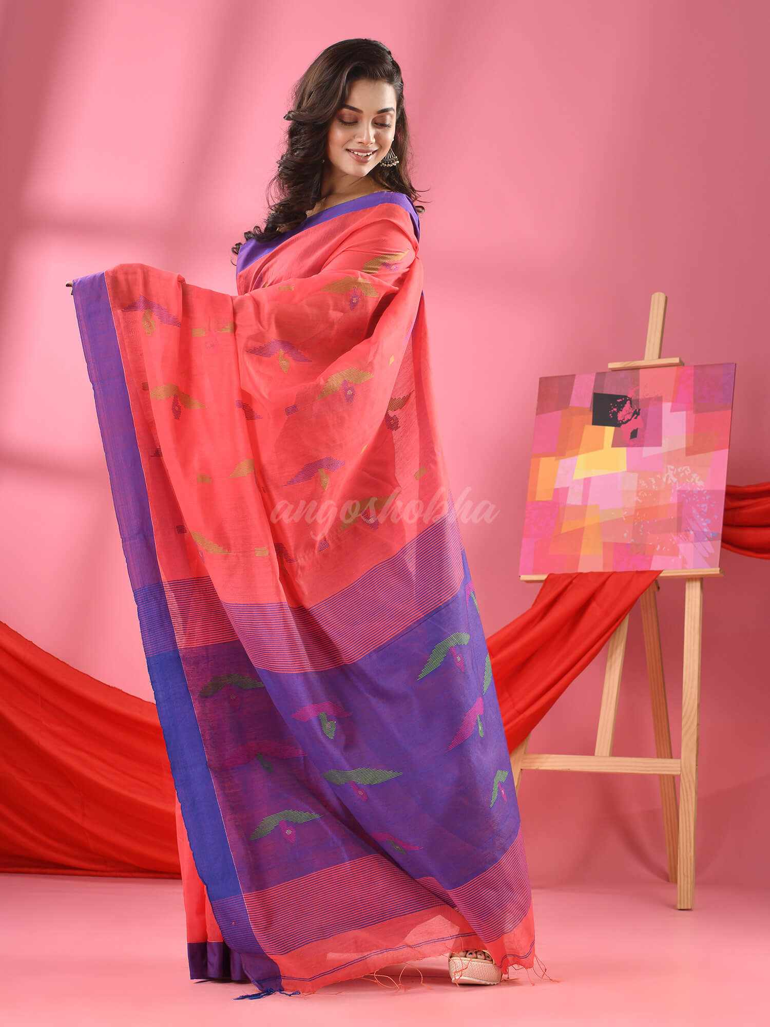 Georgia Peach Cotton Blend Boat Motive Handloom Saree