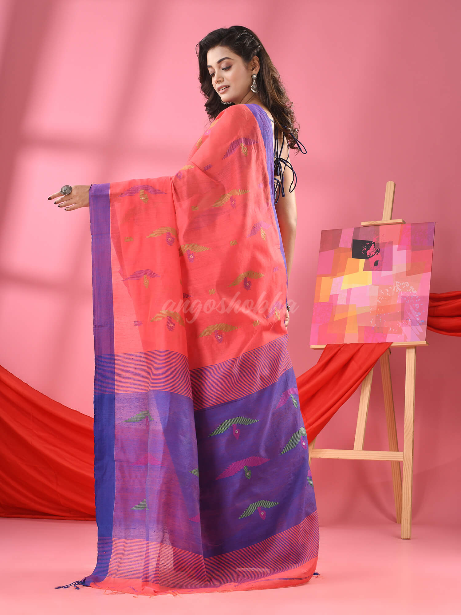Georgia Peach Cotton Blend Boat Motive Handloom Saree