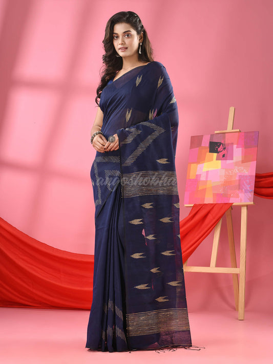 Navy Blue Cotton Blend Handloom Saree