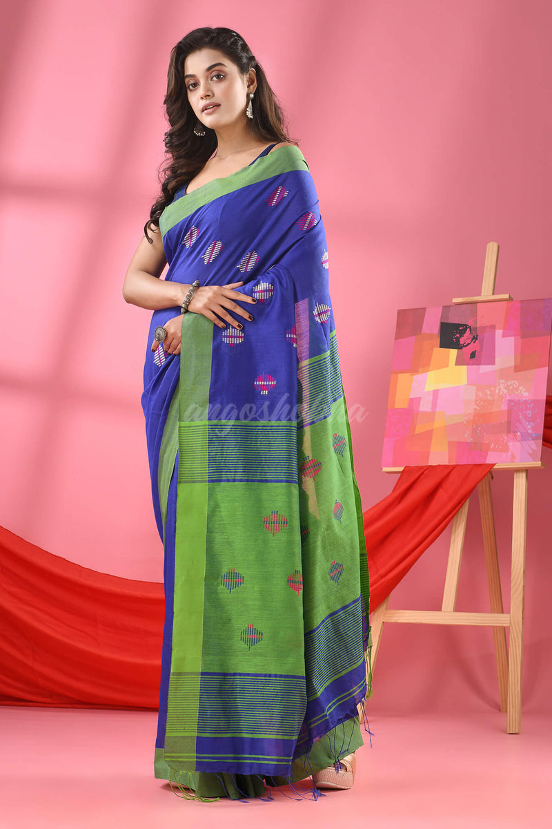 Blue Cotton Blend All Body Buti Handloom Saree