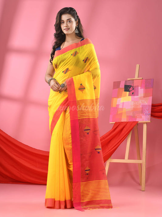 Bright Yellow Cotton Blend All Body Buti Handloom Saree