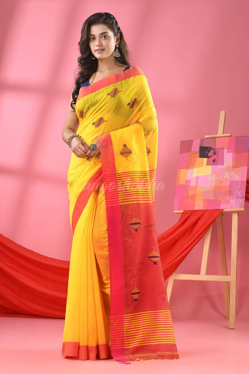 Bright Yellow Cotton Blend All Body Buti Handloom Saree