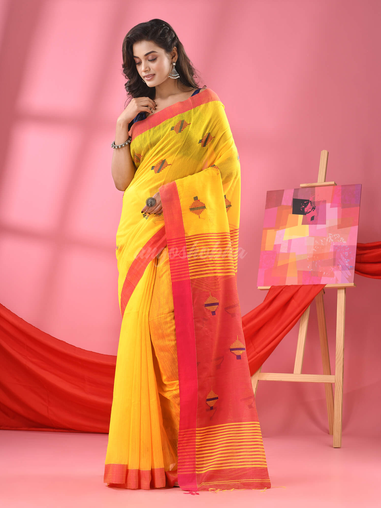 Bright Yellow Cotton Blend All Body Buti Handloom Saree