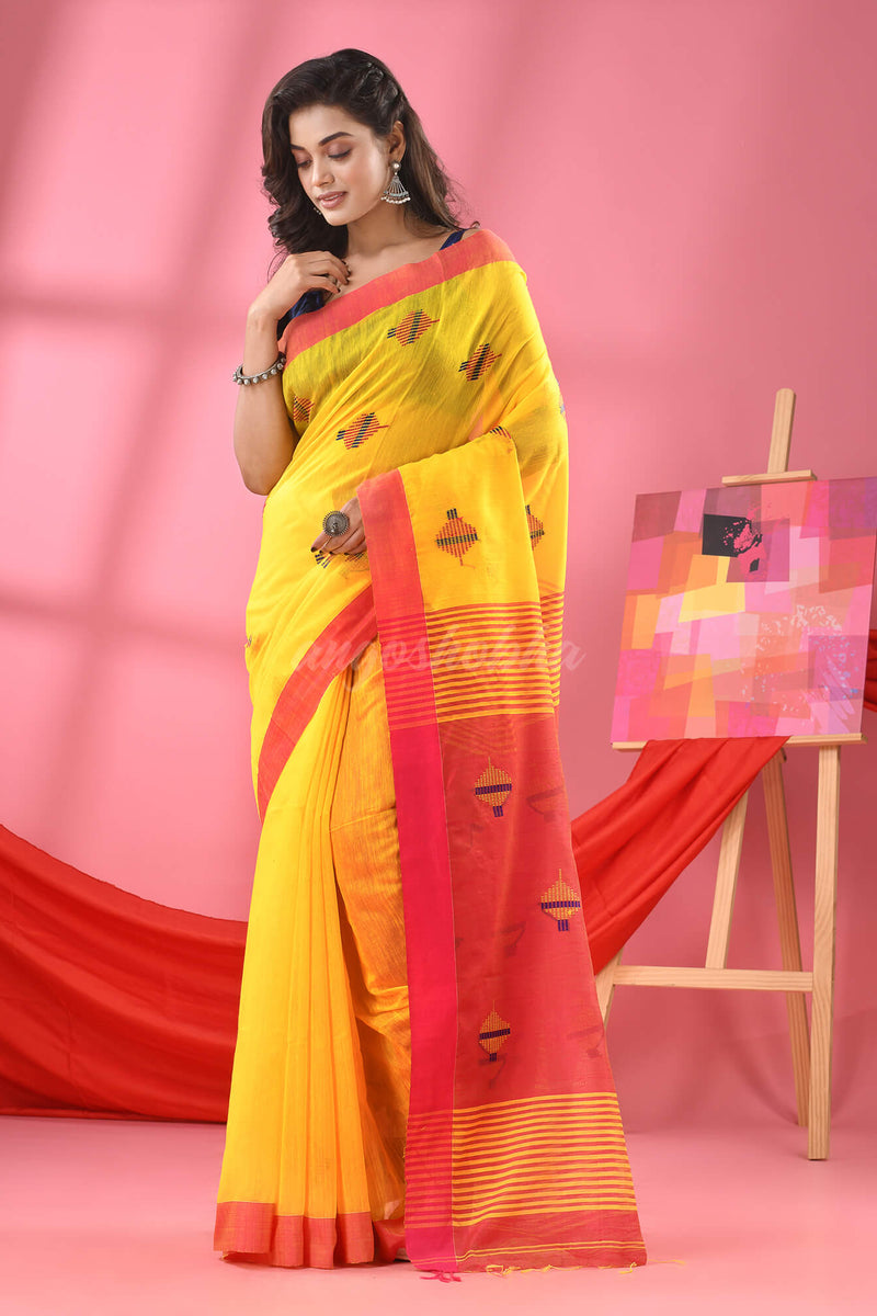 Bright Yellow Cotton Blend All Body Buti Handloom Saree