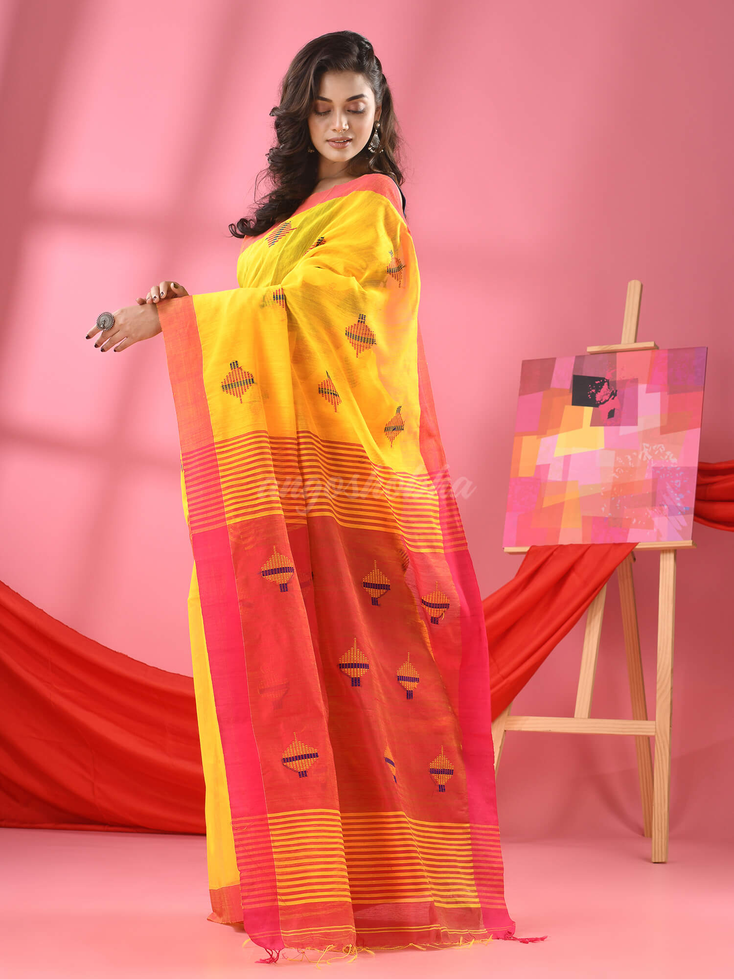 Bright Yellow Cotton Blend All Body Buti Handloom Saree