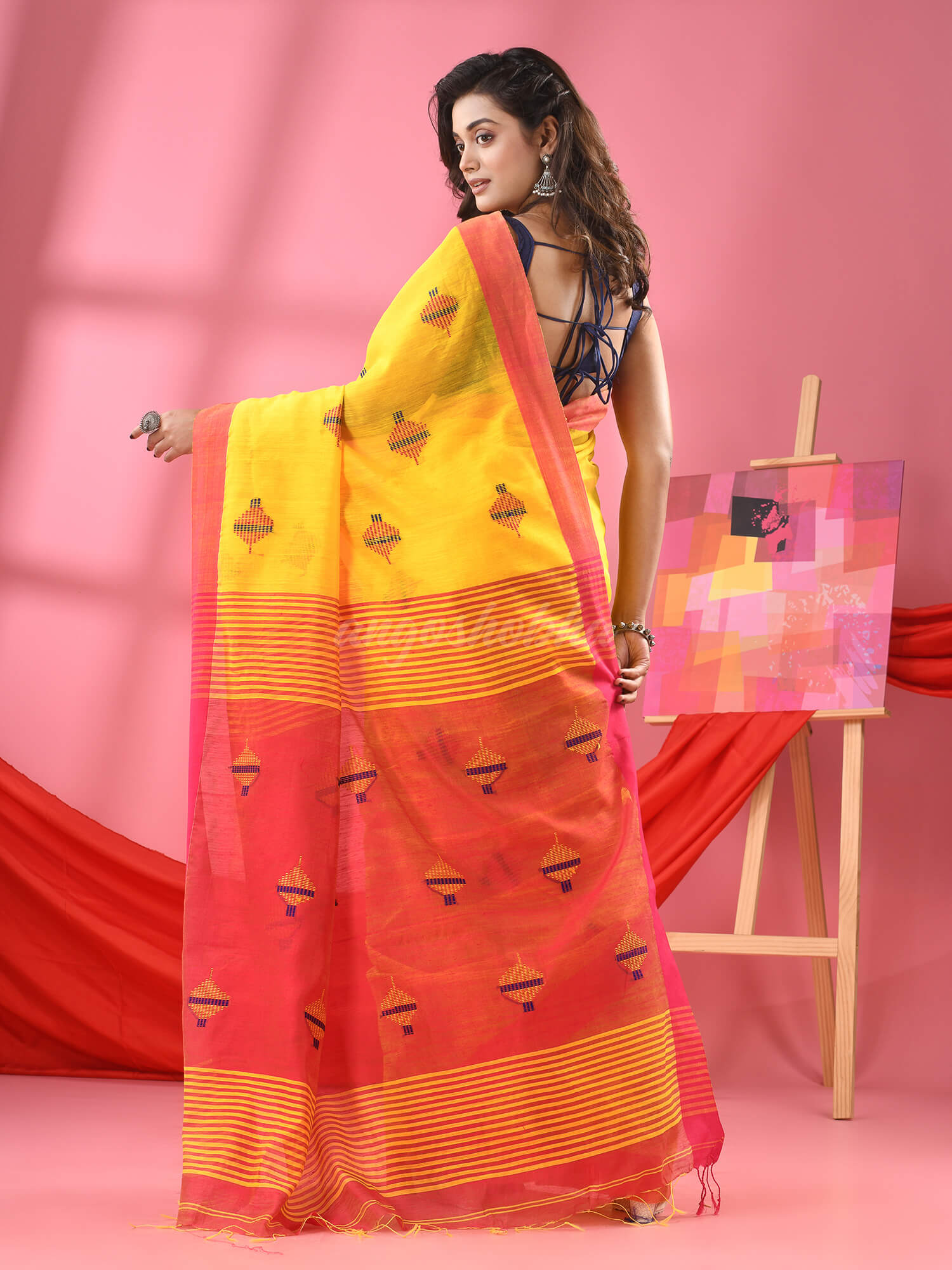 Bright Yellow Cotton Blend All Body Buti Handloom Saree