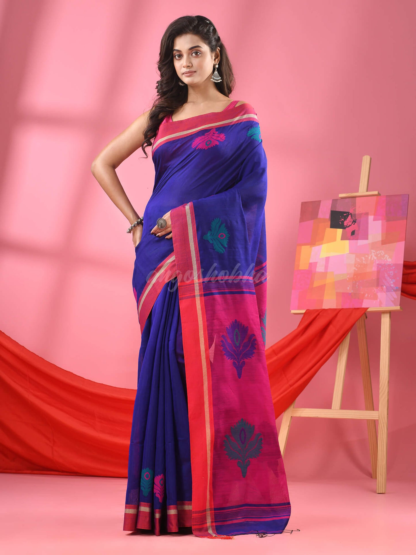 Deep Blue Cotton Blend Jacquard Work Handloom Saree