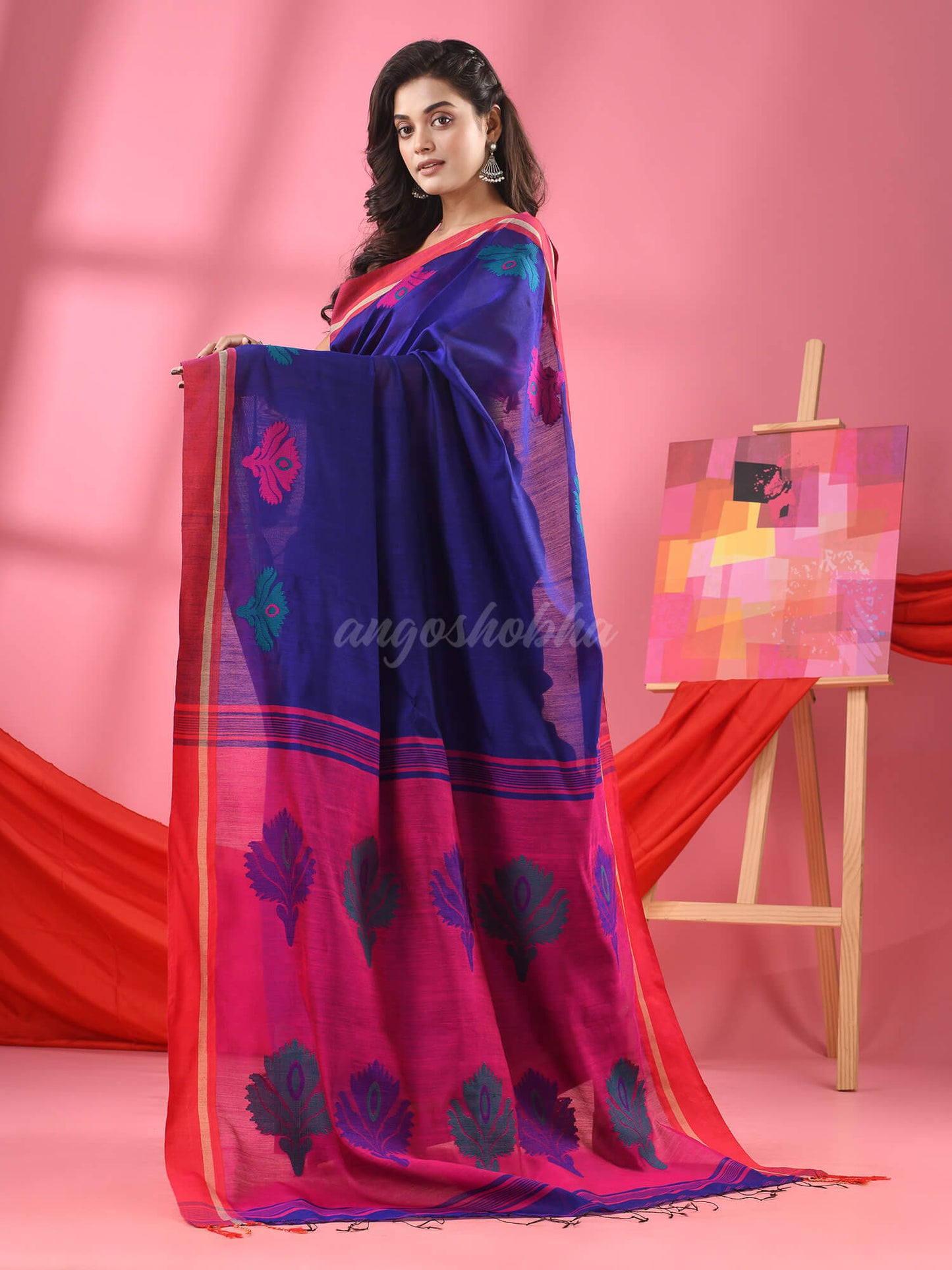 Deep Blue Cotton Blend Jacquard Work Handloom Saree