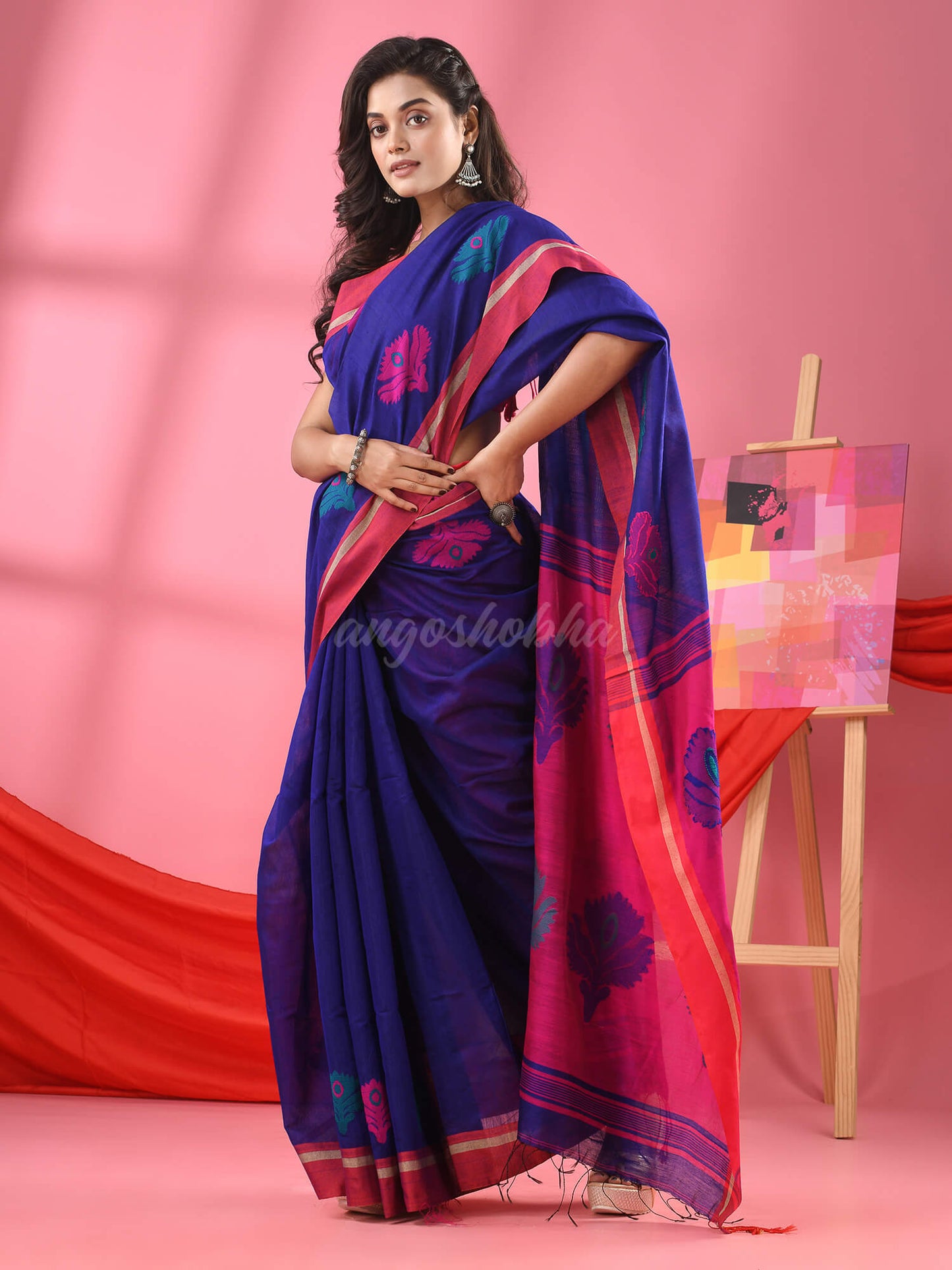 Deep Blue Cotton Blend Jacquard Work Handloom Saree