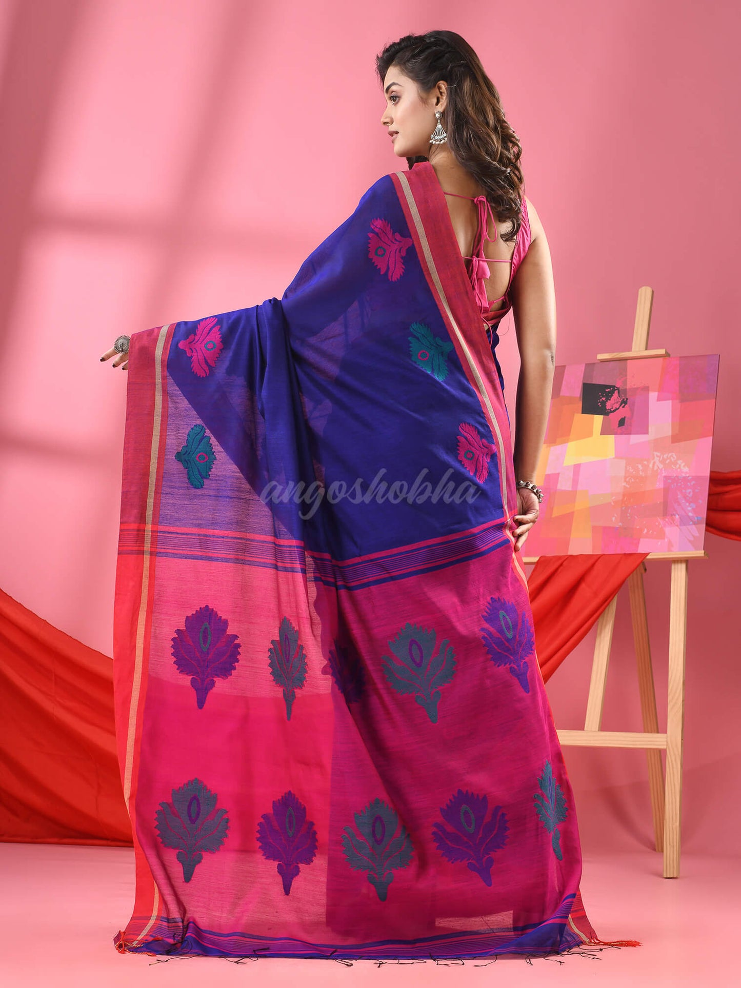 Deep Blue Cotton Blend Jacquard Work Handloom Saree